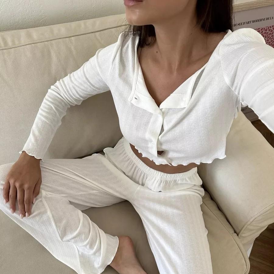 European & American Autumn/Winter Cotton-Blend Knitted Long Sleeve & Pants Set
