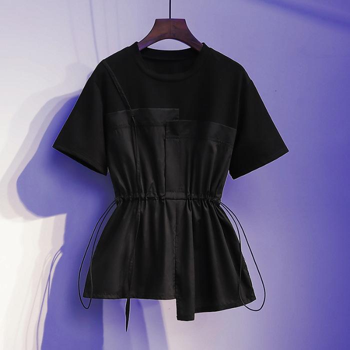 Female Summer Short-Sleeve T-Shirt Design Korean Style Patchwork Waist-Defining Top