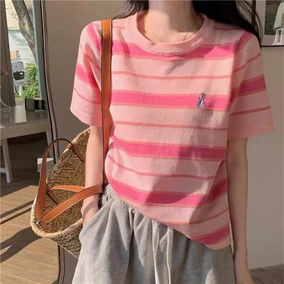 2024 sommer Weibliche T-shirt top Harajuku rosa streifen T Shirt Frauen beiläufige lose T-shirts Streetwear Damen Grafik tops