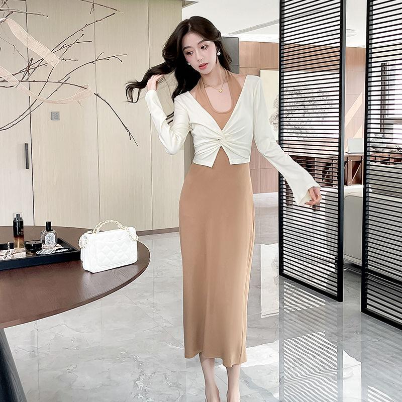 

Korean wear a complete set of autumn ballet style pure desire kink two-piece neck long-sleeved dress S