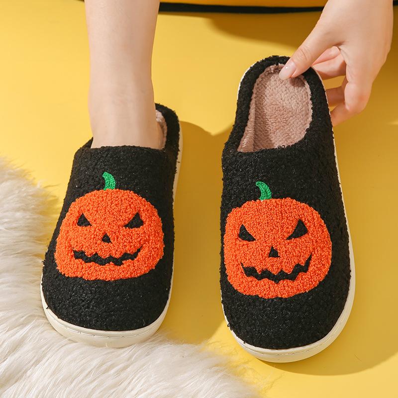 Winter Skull Print Halloween Plush Lined Warm Bag Toe Shoes Plush Home Indoor Cotton Slippers