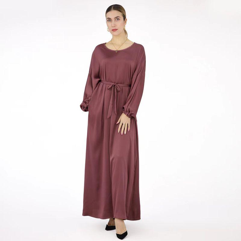 

New Arrival 2023 Ethnic Style Pure Color Dress round Neck Tied Long Dress round Neck Lace up Dress Purple S