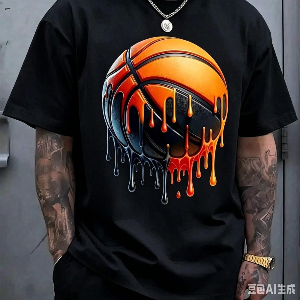 Melting Basketball Pattern Print Unisexs Crew Neck Short Sleeve Tshirt Fashion Regular Fit Tshirt Spring Summer Vacation