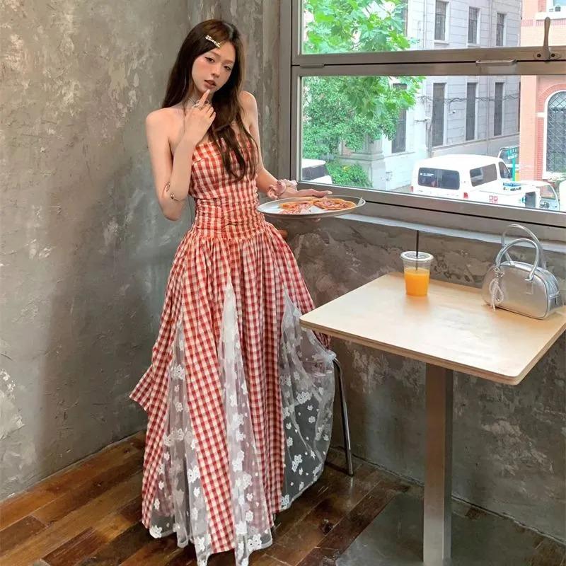 Women's Summer Blue Gingham Strapless Maxi Dress Lace Hem Beach Vacation Dresses