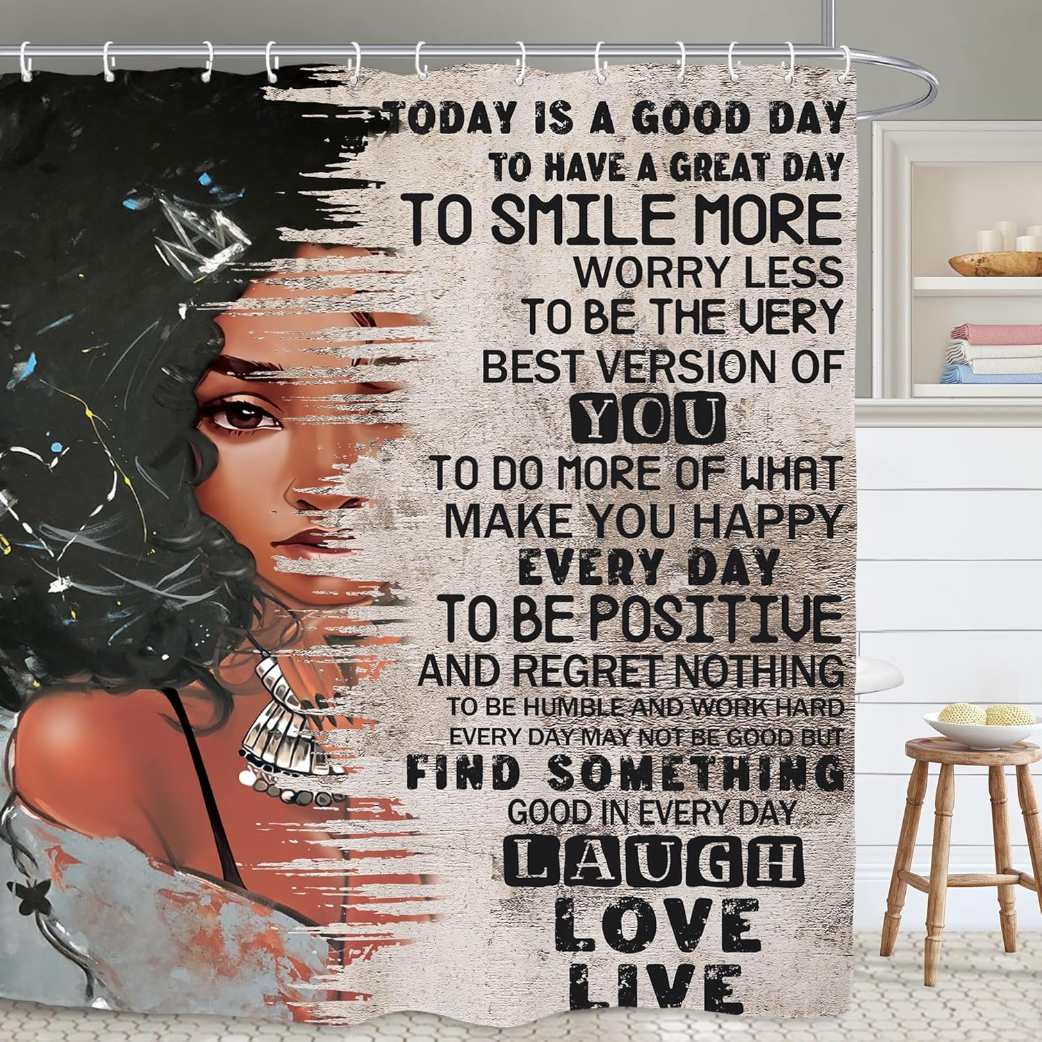 

African American Flower Shower Curtain, Black Girl Marble Design, Inspirational Motivational Print, Waterproof Polyester W60H190(CM)-1 Pcs