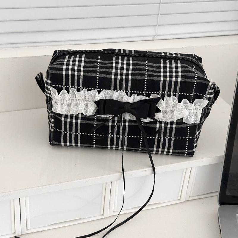

Pink Flower Women Lace Small Makeup Bag Travel Organizer Cosmetic Coins Handbag Pouch Gilrs Cute Bow Square Zipper Wallet Bags чорний