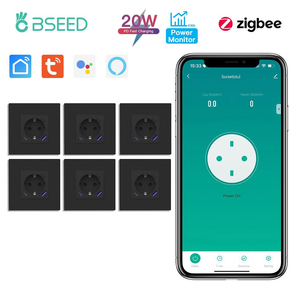BSEED Zigbee Wall EU Socket Tuya Smart Socket With 20W Type-c USB Power Charging Ports Plastic Matte Frame 1/2/3/4/5/6 Packs