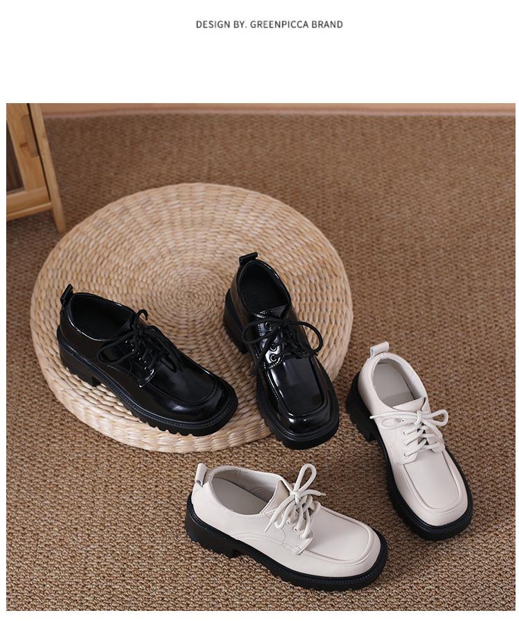 Women's 8cm Height-Increasing Leather Loafers - Chunky Heel, Lace-Up, Square Toe, Spring/Autumn Style