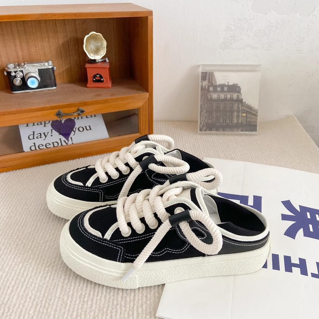 Niche autumn thin canvas shoes women ins lazy half support two wear versatile board shoes