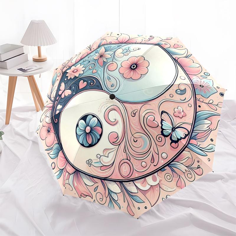 1pc Pink Yin Yang Flower Automatic Opening and Closing Cartoon Practical Umbrella - Small Umbrella Suitable for Various Occasions A064