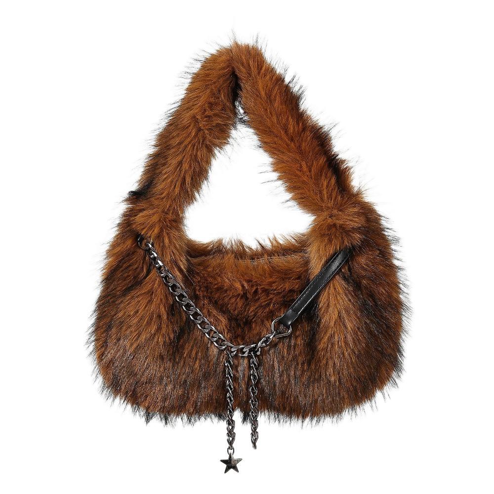 Portable Faux Fur Shoulder Bags Y2k Fluffy Tote Bag Portable Fluffy Hobo Bags Dating