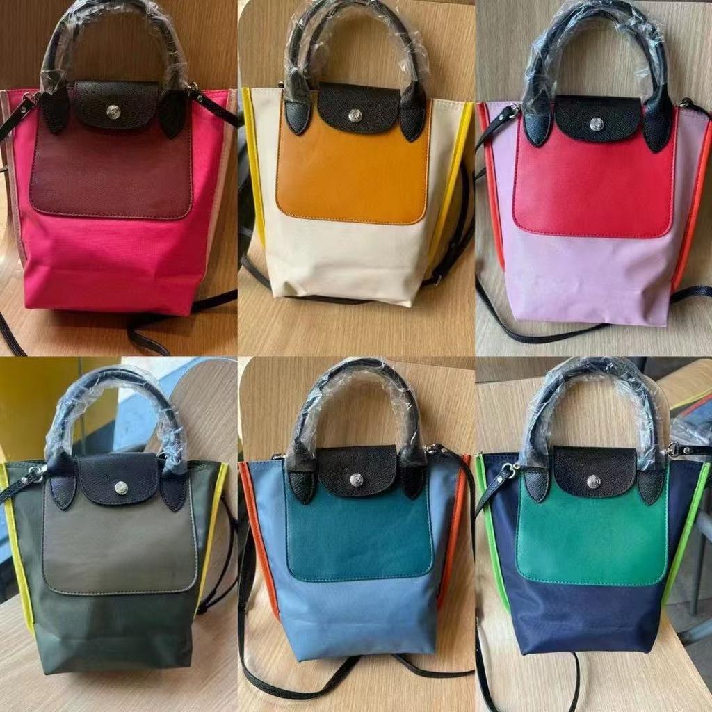 French Longxiang new nylon cowhide shoulder tote bag color matching thickened handbag mini messenger
