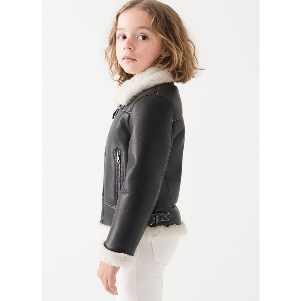 Kids Boys and Girls Autumn and Winter Fleece PU Leather Turn-down Collar Solid Color Zip Jacket