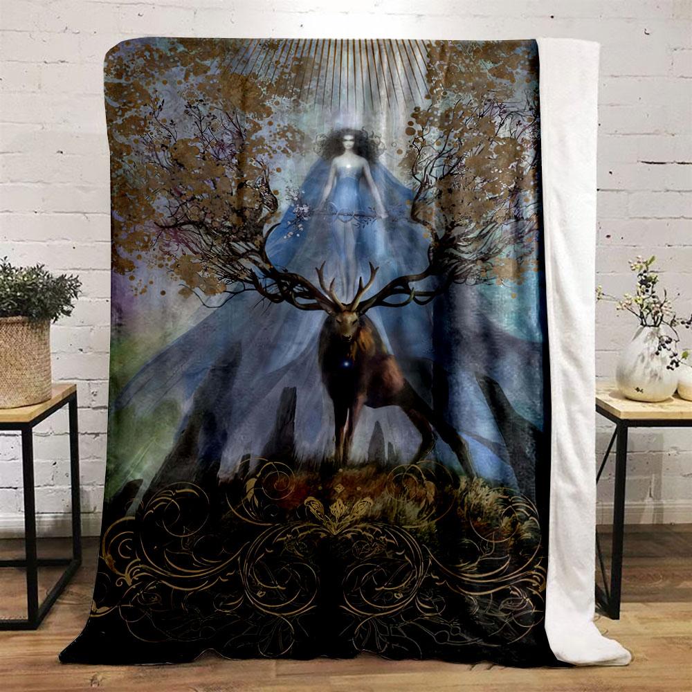 A Mystical Stag with Branching Antlers Beneath a Glowing Figure In Light. for All Seasons Blanket Lunch Break Throw Gift