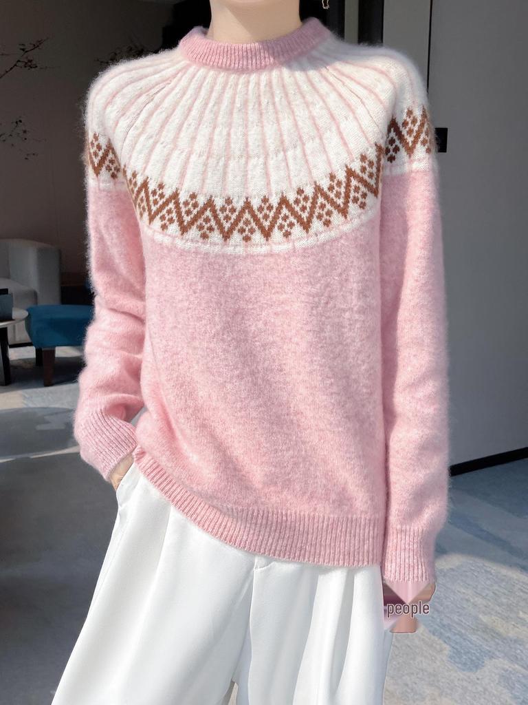 Autumn/Winter 100% Pure Wool Versatile Color Block Long Sleeve Sweater for Women - Soft, Loose Fit Jacquard Design