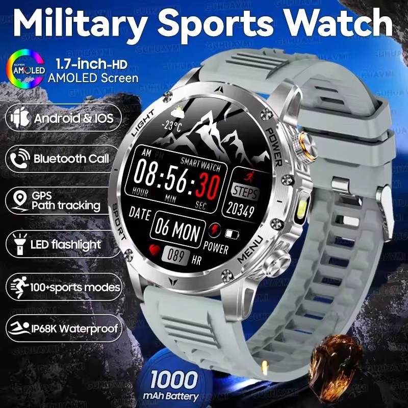 AK87 Men 1000mAh Battery Smart Watch 1.7-inch Large Screen GPS Track Heart Rate 3ATM Waterproof Wireless Call Sports Smartwatch