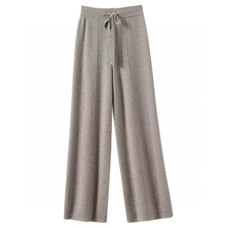 Women's High-Waisted Wide-Leg Knit Pants - Warm, Thick, Casual Floor-Length with Drawstring