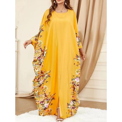 Ramadan Floral Print Crew Neck Kaftan, κομψό μάξι φόρεμα με σπαστό μανίκι, γυναικεία ρούχα