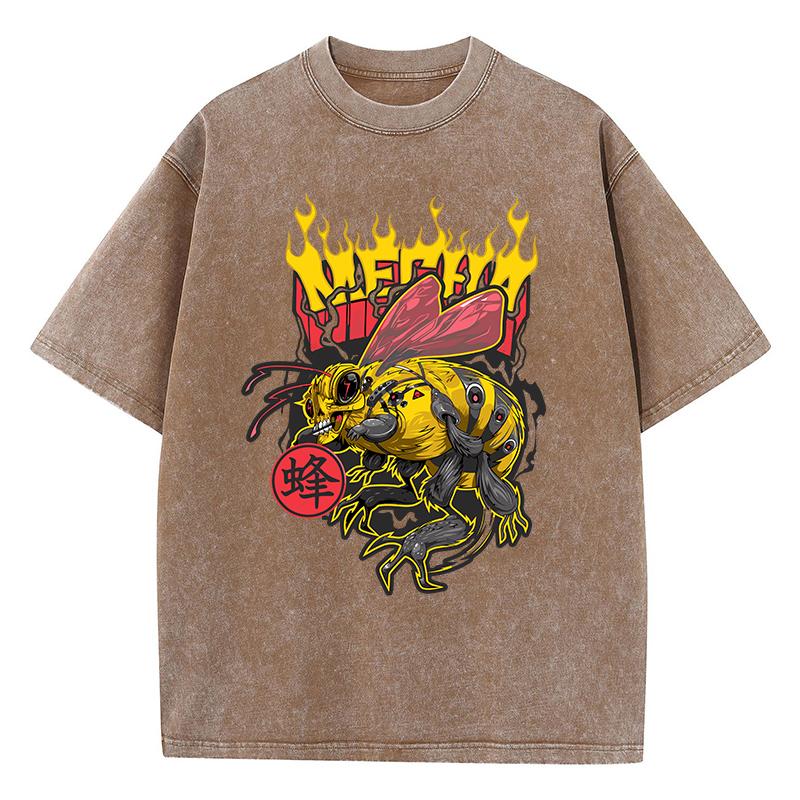 Womans Acid Wash T-Shirts Retro Manga Bees Printing Tops Crewneck Distressed Oversize Cotton Tees Trend Female Clothes
