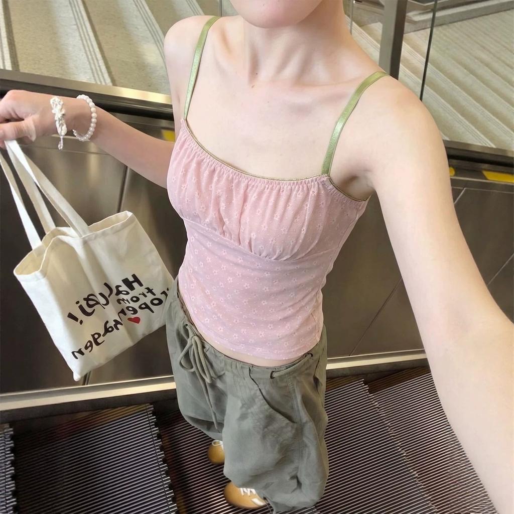French sweet pink floral sleeveless small suspender vest women's summer unique and beautiful outer wear inner tube top