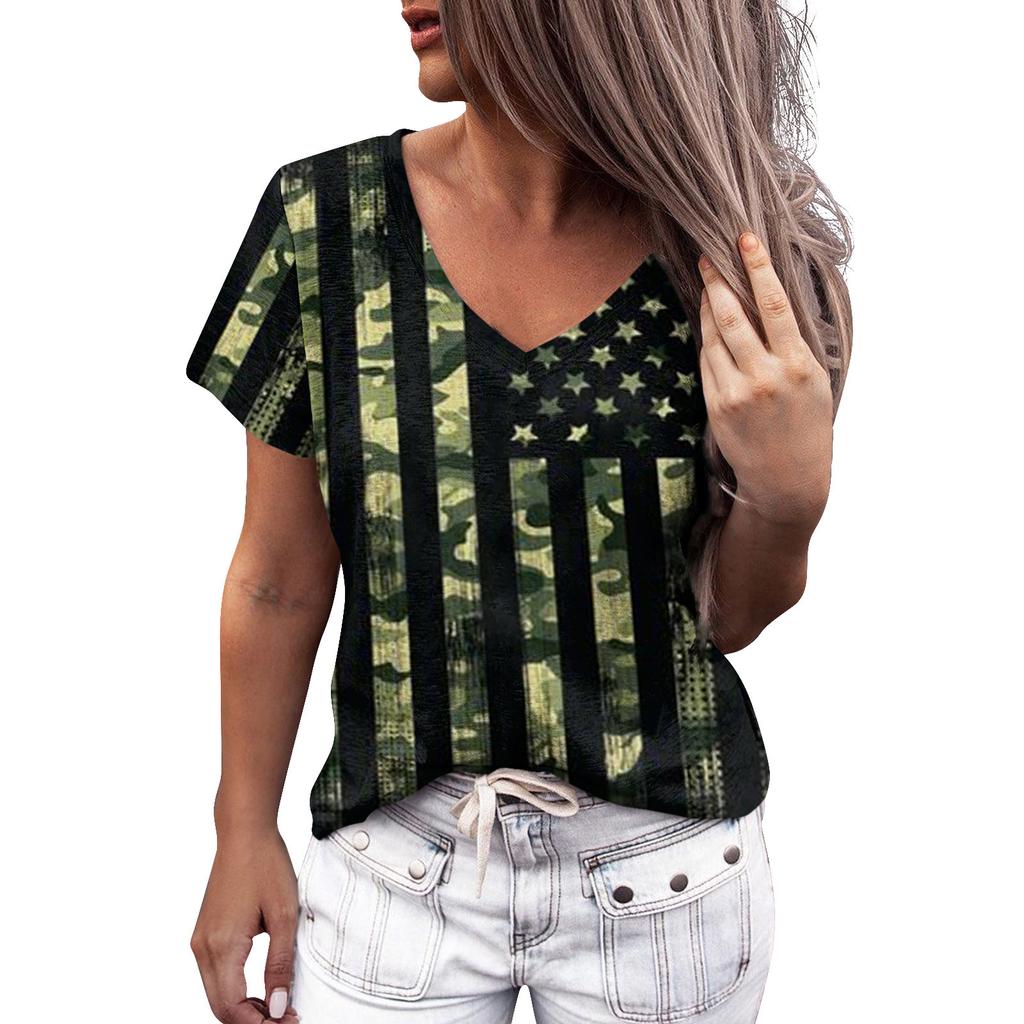 Summer Women Floral Print V Neck Short Sleeve Loose 3D T Shirt