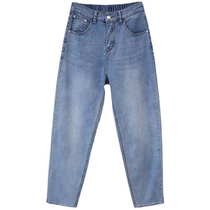 Spring and Autumn Four Seasons Models Women's Large Size Elastic Waist Jeans High-waisted Straight Thin Nine Minute Haren Pants