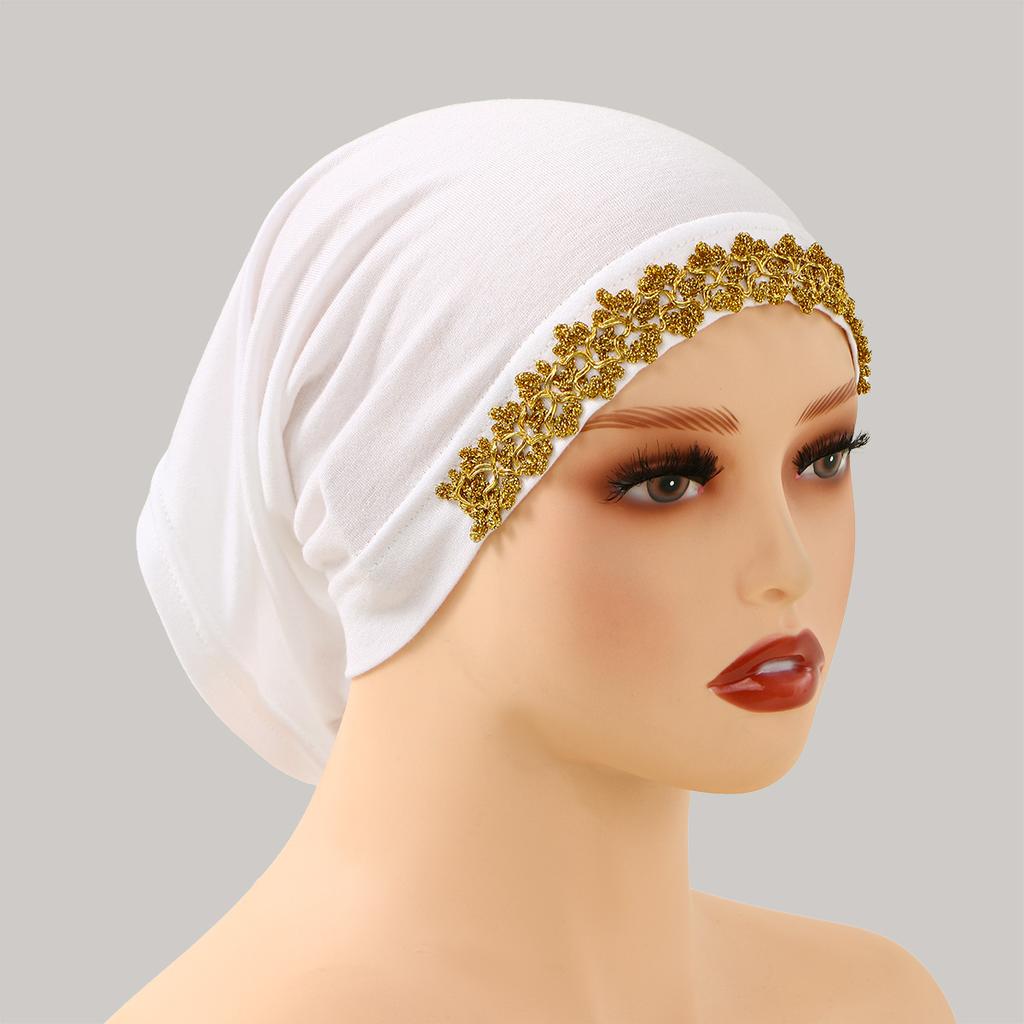 Golden Floral Embroidery Jersey Hijabs For Muslim Women Modal Inner Cap Undercap Turban Tube Soft Stretch Bonnet Mujer Hat