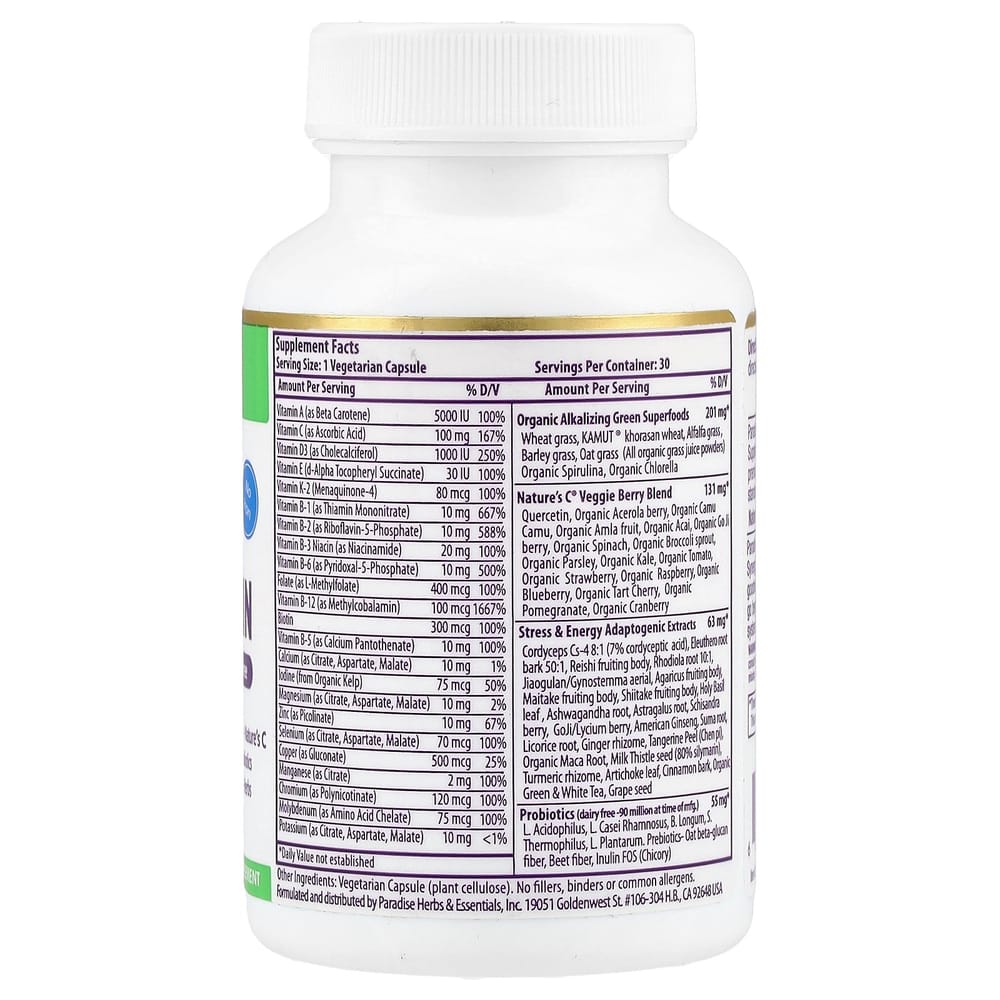 Paradise Herbs Earth's Blend One Daily Superfood Multivitamin, Iron-Free, 30 Veggie Capsules