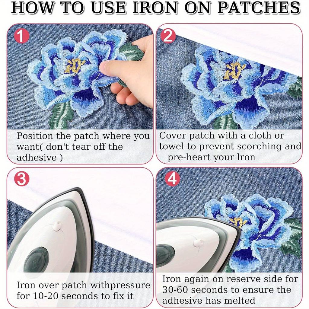 4 Pcs Rose Flower Embroidered Patches Floral Iron on Fabric Jeans Patches Sew on Clothing Patches Appliques for Hats Clothes Bags Shoes DIY Crafts