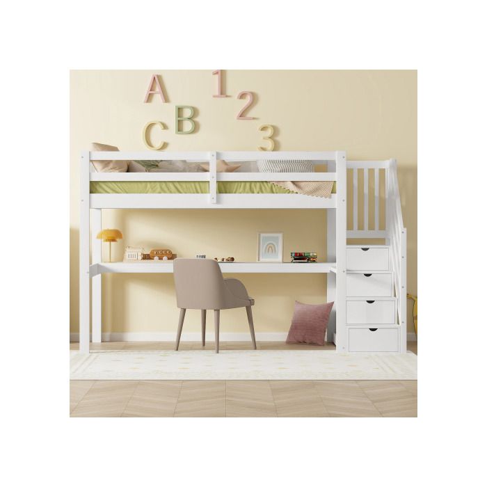 Lit surélevé - MUVOE - 90 x 200 cm - Blanc - Avec tiroirs - Bureau intégré