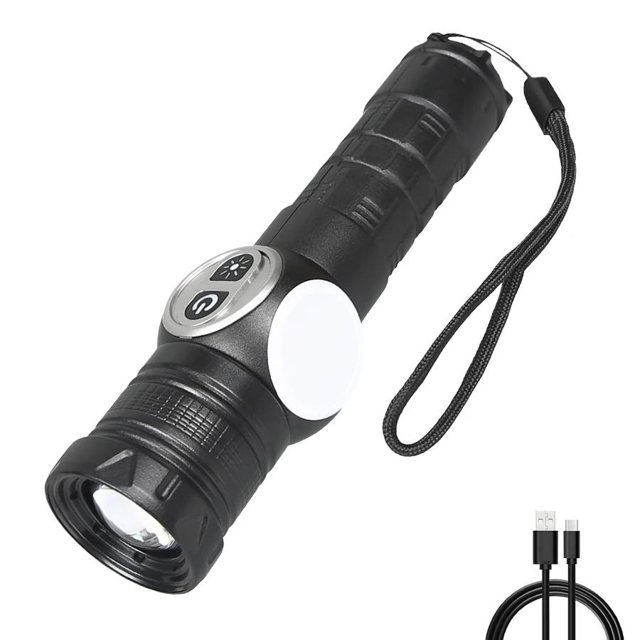 COB LED Flashlight Rechargeable Torch 7 Mode Zoomable Magnetic Lantern with Side Light Outdoor Camping Fishing Emergency Lamp