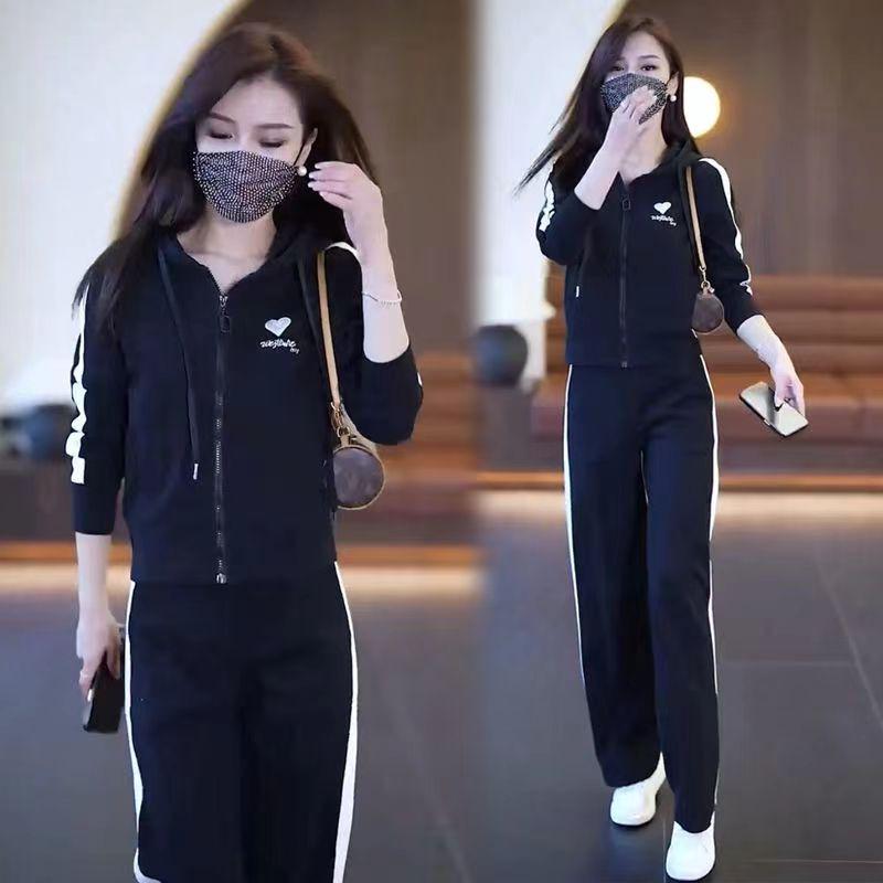 Damski wiosenny zestaw dwuczęściowy bluza z kapturem i spodnie z szerokimi nogawkami do biegania