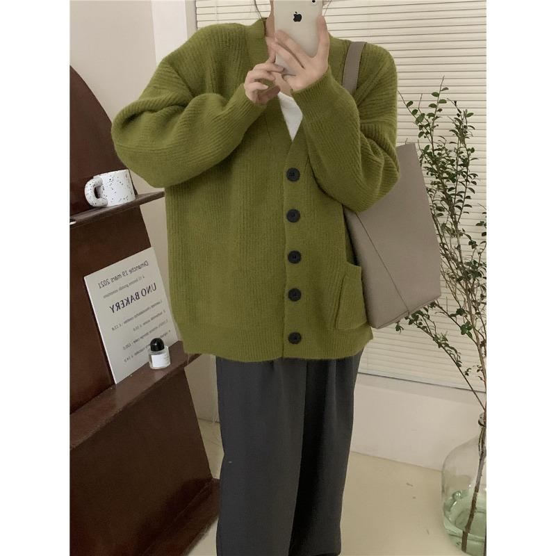 Retro Lazy Wind V-Neck Knitted Cardigan for Women's Autumn and Winter New Loose Versatile Single-breasted Sweater Jacket for Women