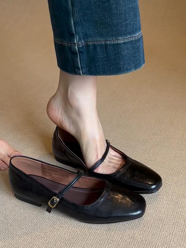 Genuine Leather French Retro One-word Buckle with Mary Jane Shoes Women's Flat Temperament Shallow Mouth Single Shoes Small Leather Shoes