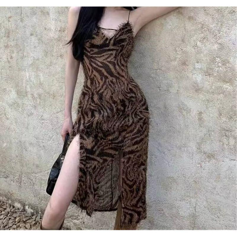 

Foreign Trade Order Summer New Fashion Sling Gyaru Pure Desire Leopard Print Tassel Small Man Sheath Split Short Dress Leopard Brown M