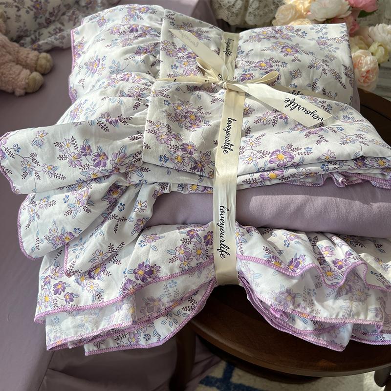 3/4Pcs Korean Princess Style Floral Ruffles Bedding Set Skin-friendly Soft Duvet Cover Set Bed Sheet Or Bed Skirt Pillowcases