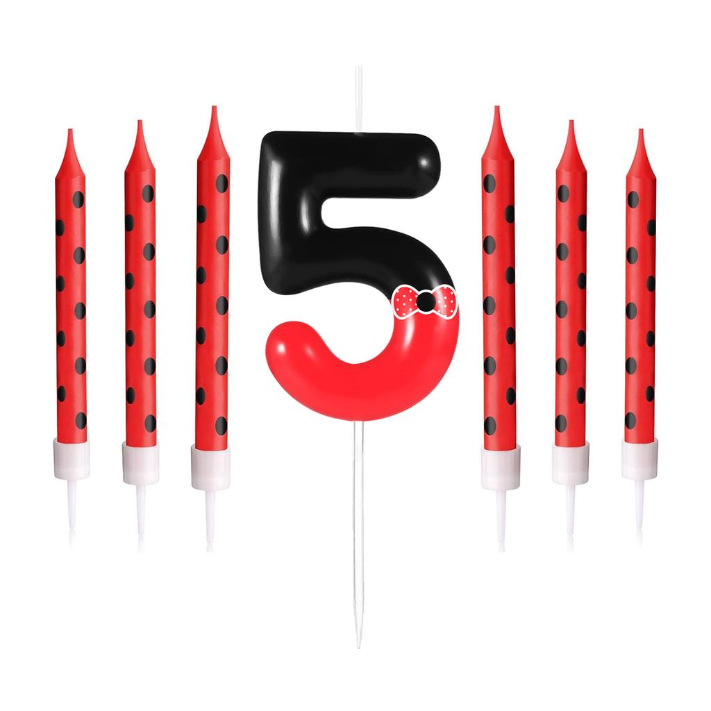 7pcs Black Red Bow Birthday Candles for Boys Girls, Red Mouse Number 0-9 Cartoon Themed Birthday Party Cake Decorations Supplies
