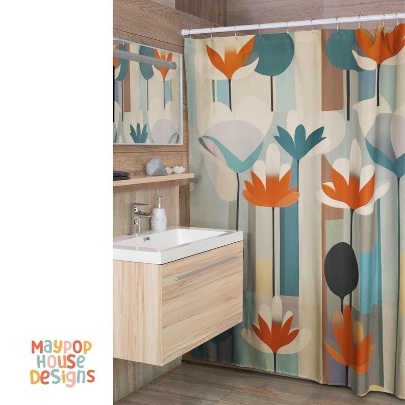 Retro Mid Century Modern Duschvorhang, Orange Türkis Beige Badezimmerdekor, Atomzeitalter Badezimmervorhang