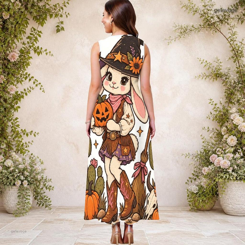 Women s Plus Size Sleeveless Keyhole Neck Halloween Ghost Pumpkin Printed White Long Dress