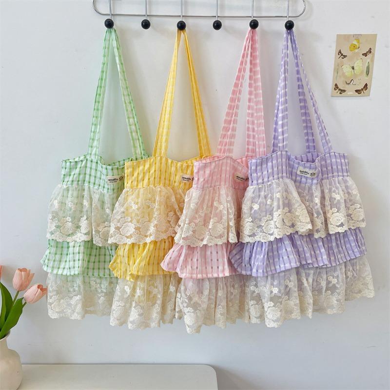 New popular plaid color matching lace single shoulder underarm bag large capacity tote bag portable cloth bag