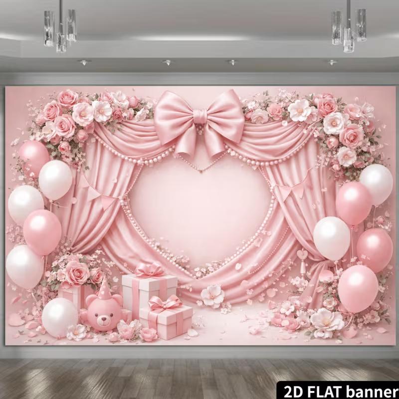 2D Printed Backdrop with Pink Curtains, Large Bow, Flowers, Balloons and Teddy Bear