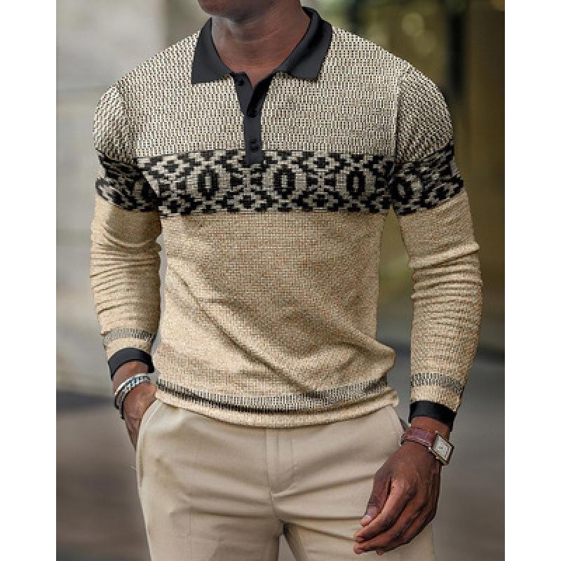 Music Piano Print Long Sleeve Polo, Trendy Casual Men's Top