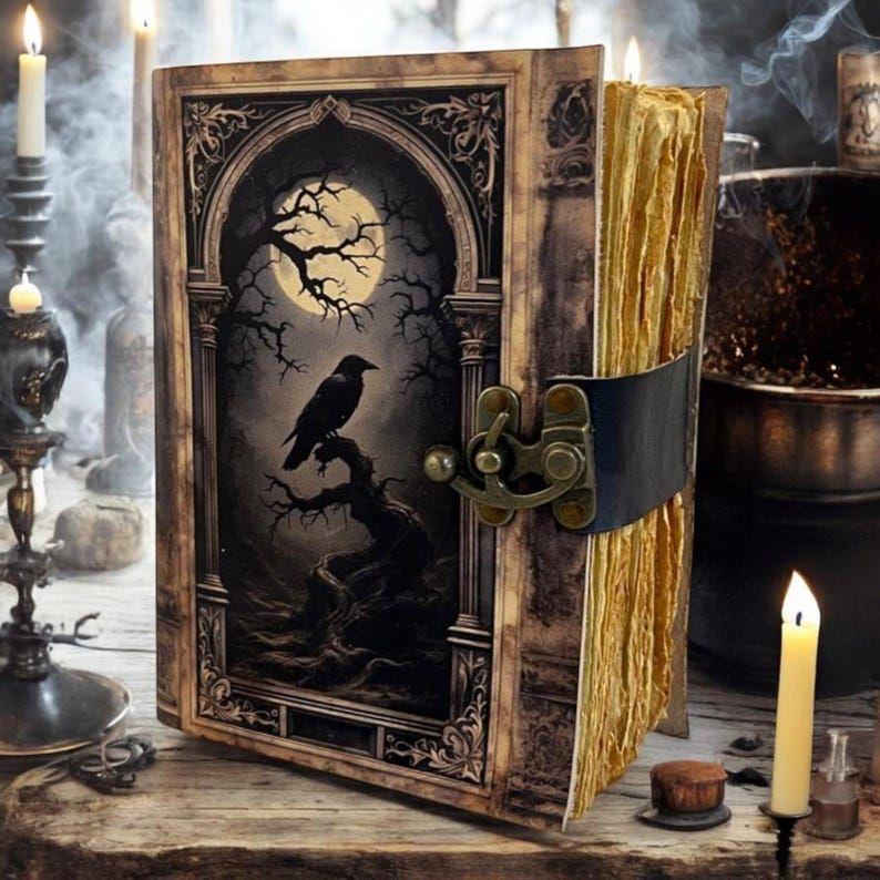 Leather Journal Gothic Notebook The Raven Grimoire Print - Vintage Handamde Journal Book of Shadows Witchcrafts Journal Gifts for Men