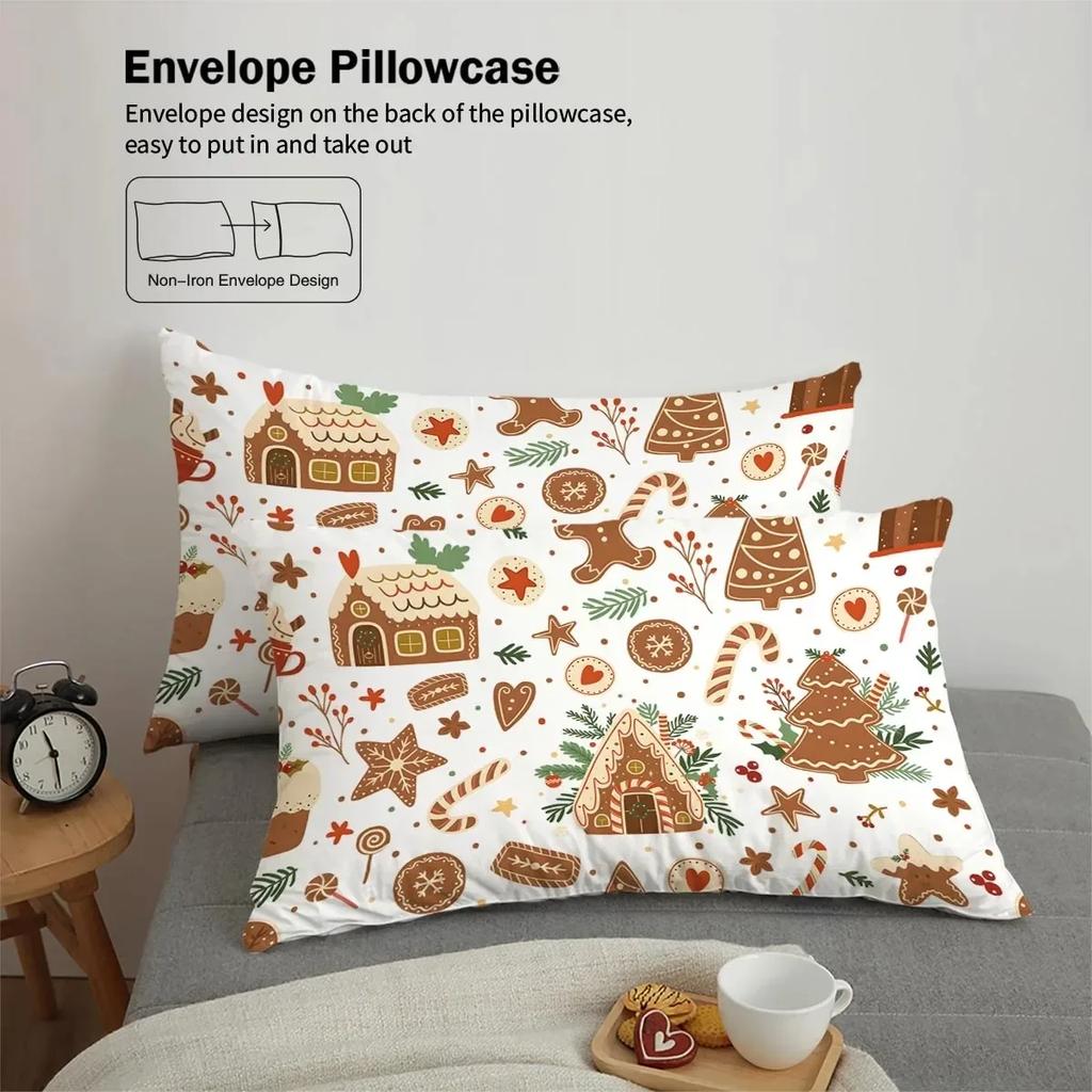 Christmas Cottage Gingerbread Man Brown Print Quilt Cover With Pillowcases, Skin-Friendly, Warm, Soft Breathable Bedding Set
