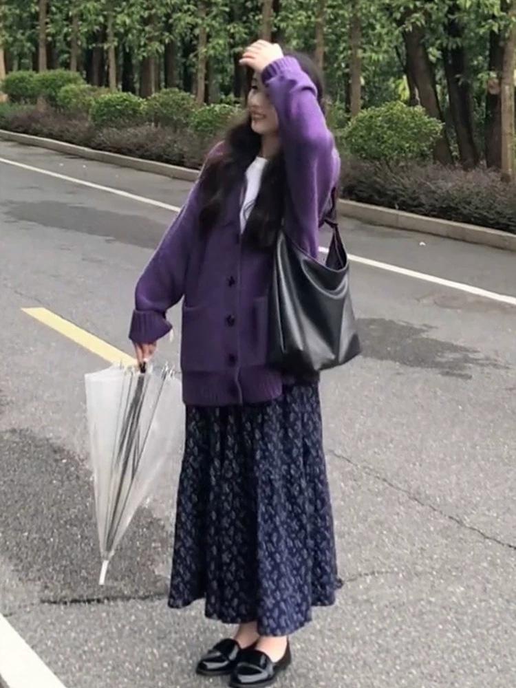 Korean Retro V-Neck Knit Cardigan - Women's Soft Purple Autumn Jacket