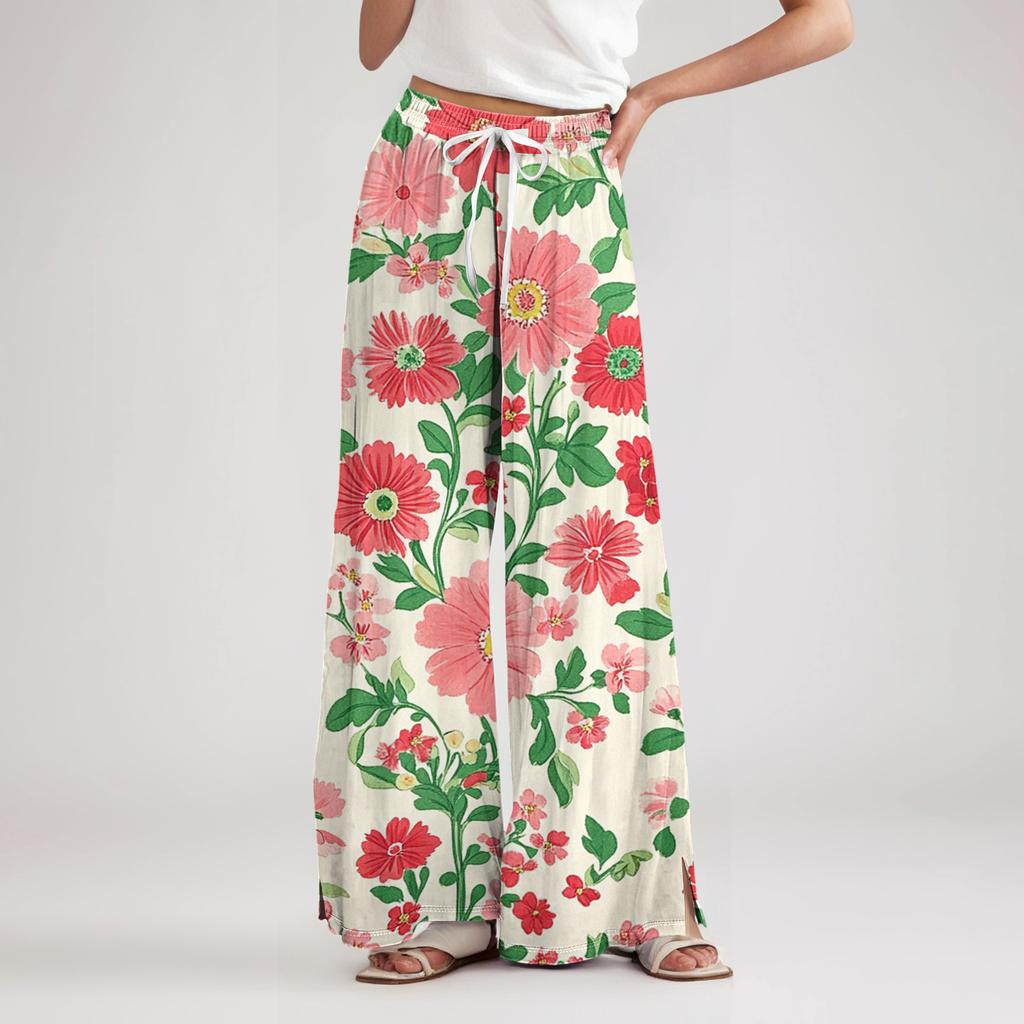 Women’s Wide Leg Pants High Waist Drawstring Loose Fit Lightweight Floral Print Trousers for Casual Summer Wear