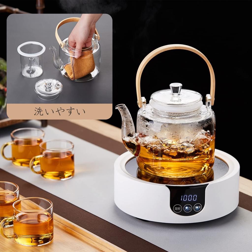 Pokaro Tea Teapot, Heat-Resistant Glass, Stylish Teapot, Teapot, Clear Glass, Stovetop-Safe, Large Capacity (1000ml), with Glass Tea Strainer, Bamboo