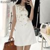 ZANZEA Women Casual Round Neck Sleeveless Print Dress