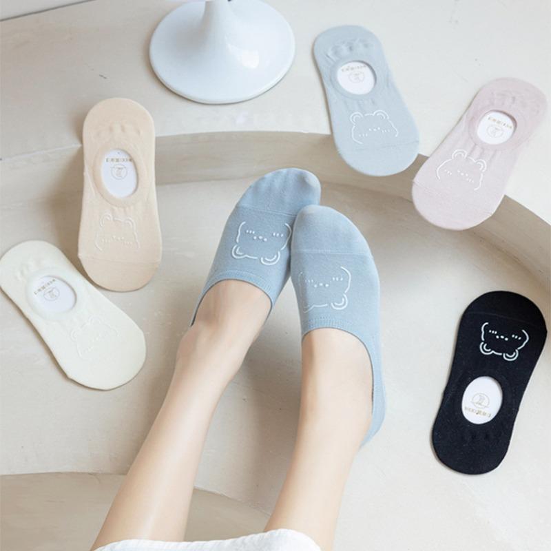 5 Pairs of Women's Anti-slip and Non-drop-off Boat Socks, Summer Thin and Trendy Shallow Anti-slip Silicone Cartoon Bear Invisible Socks