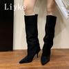 Fashion Liyke Autumn Winter Thin Kittens Heels Knee High Boots Women Punk Vintage Pointed Toe Runway Catwalk Shoes Long Booties Size 40